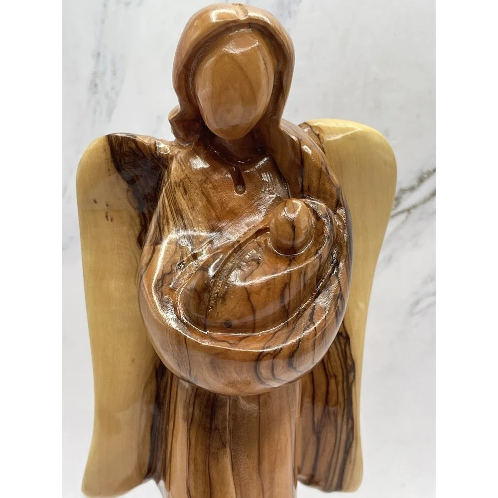 Hand Carved Wooden Angel‎ Holding Baby  7 1/2 Inches Tall Made in Israel